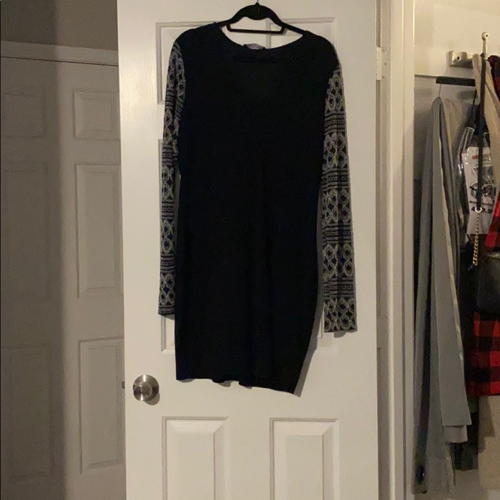 Little black dress with grey lace sleeves
